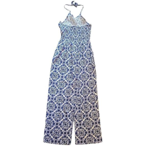 NWT Patrons of Peace Halter Jumpsuit Women's Small Printed Blue White Ikat Boho - Picture 2 of 4